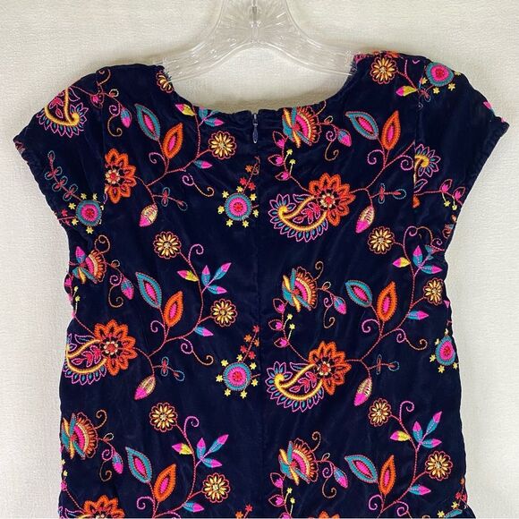 Peek Dress Girls Blue Floral Embroidered Velvet Lined Short Sleeve XL 10 - Picture 7 of 9